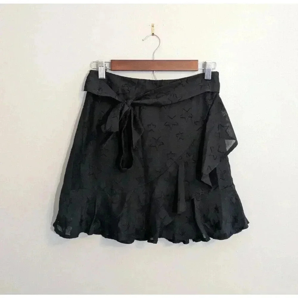 Pants Store Black Star Print Ruffle Mini Skirt Size Small Tie Waist Boho